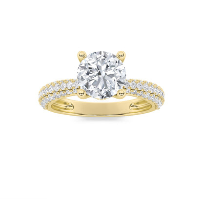 2Cttw Round Shaped Lab Grown Diamond (F/VS) Three Row Micro Pave Engagement Ring in 14K Gold