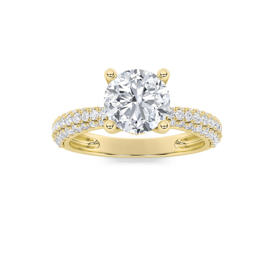 2Cttw Round Shaped Lab Grown Diamond (F/VS) Three Row Micro Pave Engagement Ring in 14K Gold