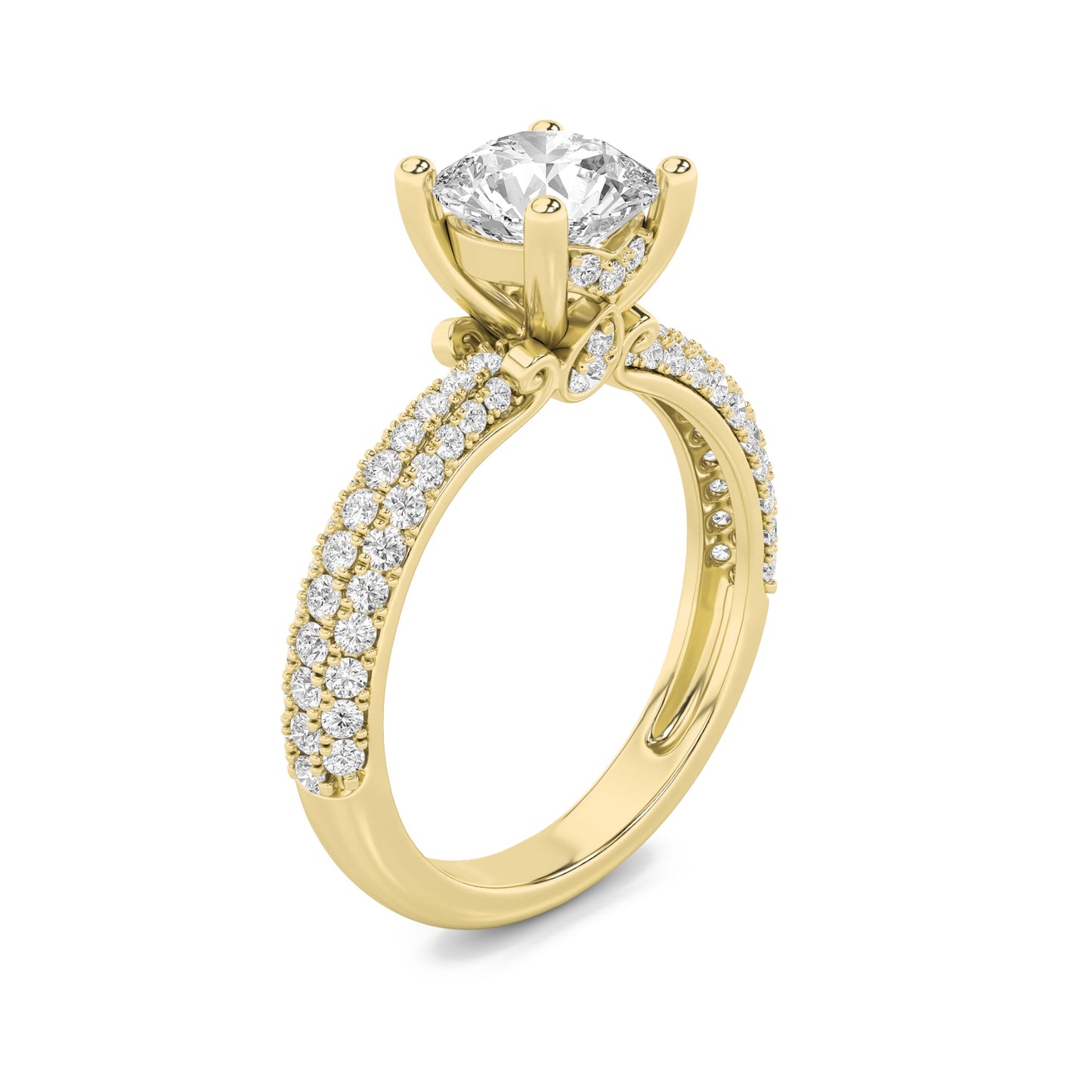 2Cttw Round Shaped Lab Grown Diamond (F/VS) Three Row Micro Pave Engagement Ring in 14K Gold