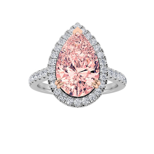 3Cttw Pear Shaped Pink Lab Grown Diamond (F/VS) Bold Accented Halo Engagement Ring in 14K Gold