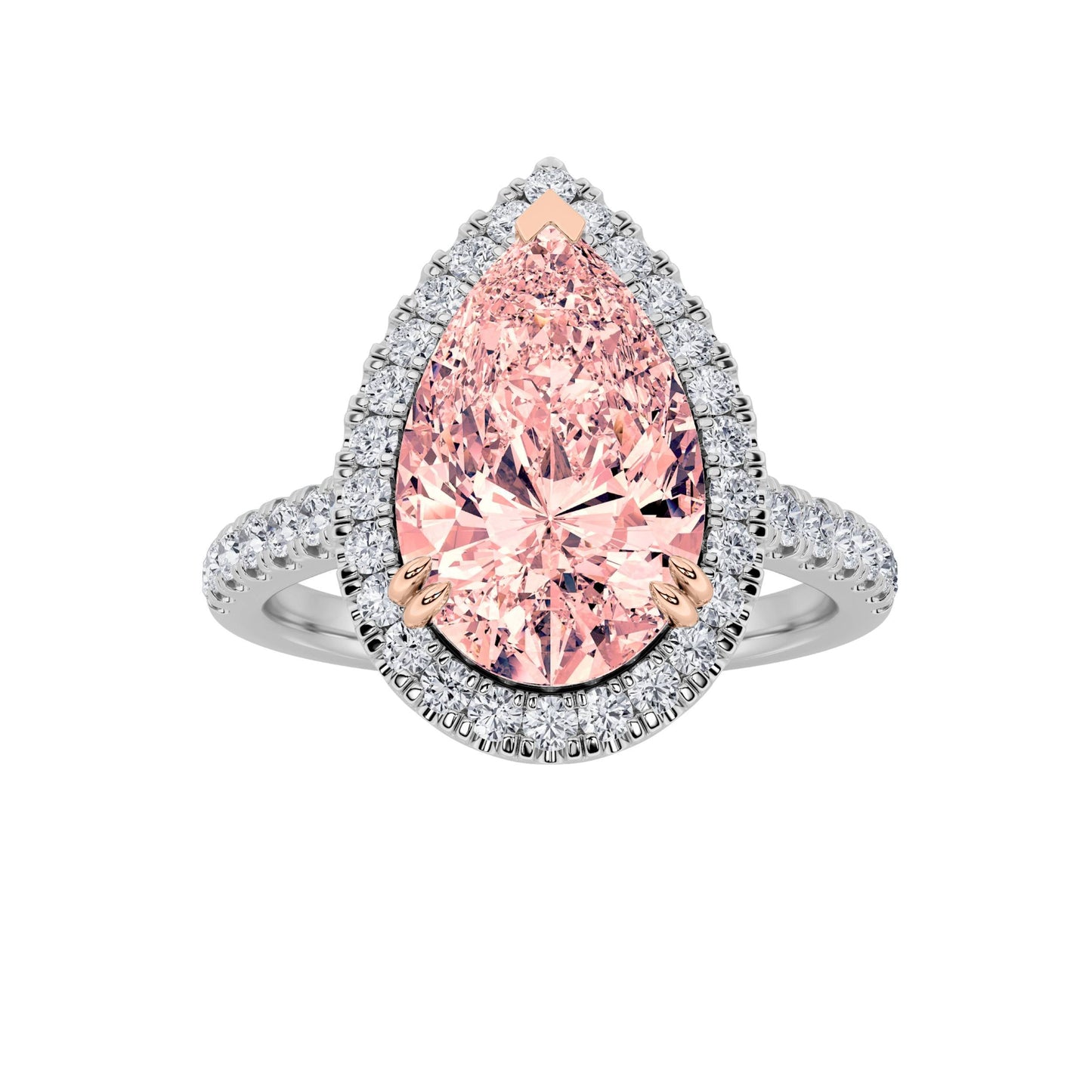 3Cttw Pear Shaped Pink Lab Grown Diamond (F/VS) Bold Accented Halo Engagement Ring 14K Gold