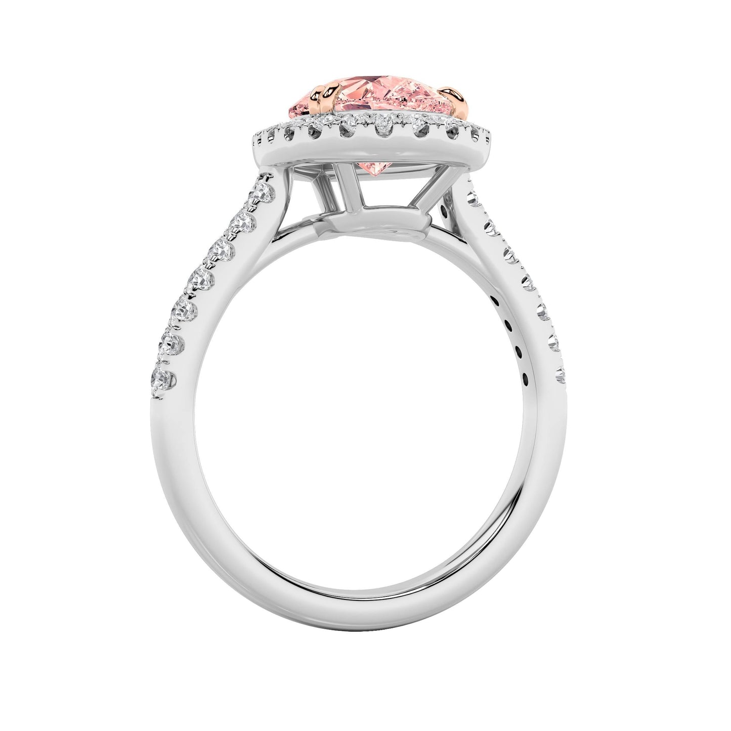 3Cttw Pear Shaped Pink Lab Grown Diamond (F/VS) Bold Accented Halo Engagement Ring in 14K Gold