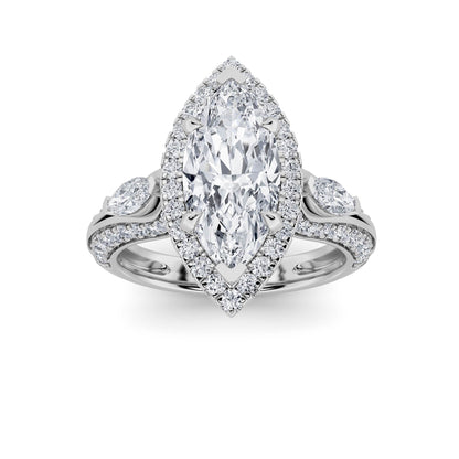 3Cttw Marquise Shaped Lab Grown Diamond (F/VS) Three Stone Halo Enagement Ring in 14K Gold