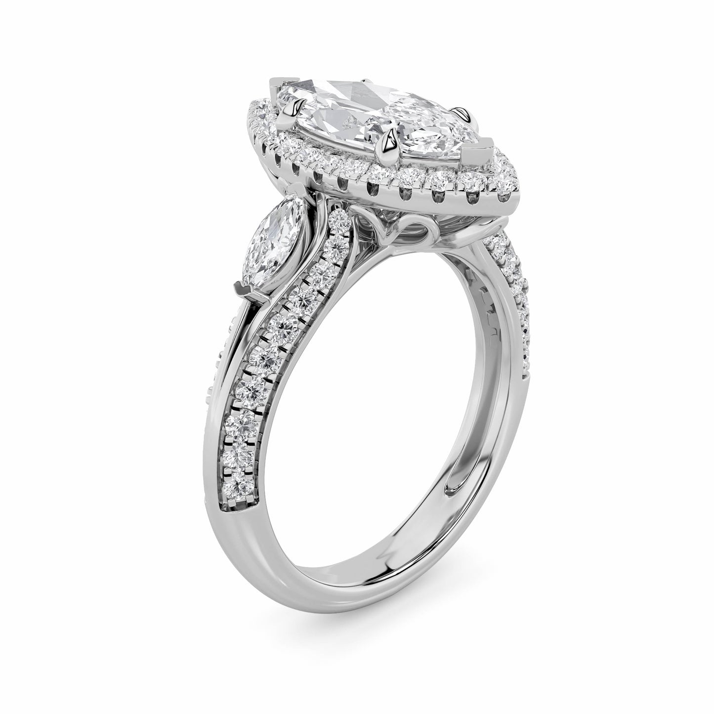 3Cttw Marquise Shaped Lab Grown Diamond (F/VS) Three Stone Halo Enagement Ring in 14K Gold