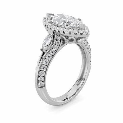 3Cttw Marquise Shaped Lab Grown Diamond (F/VS) Three Stone Halo Enagement Ring in 14K Gold