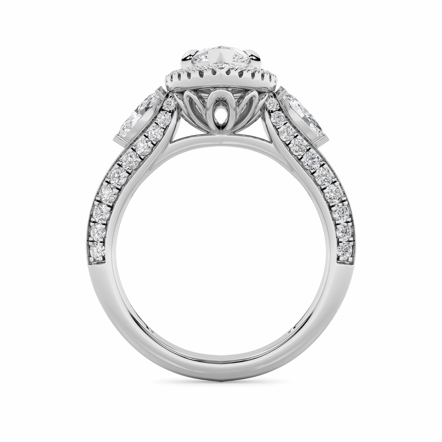 3Cttw Marquise Shaped Lab Grown Diamond (F/VS) Three Stone Halo Enagement Ring in 14K Gold