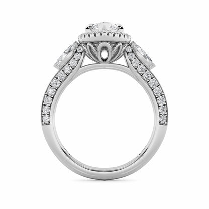 3Cttw Marquise Shaped Lab Grown Diamond (F/VS) Three Stone Halo Enagement Ring in 14K Gold