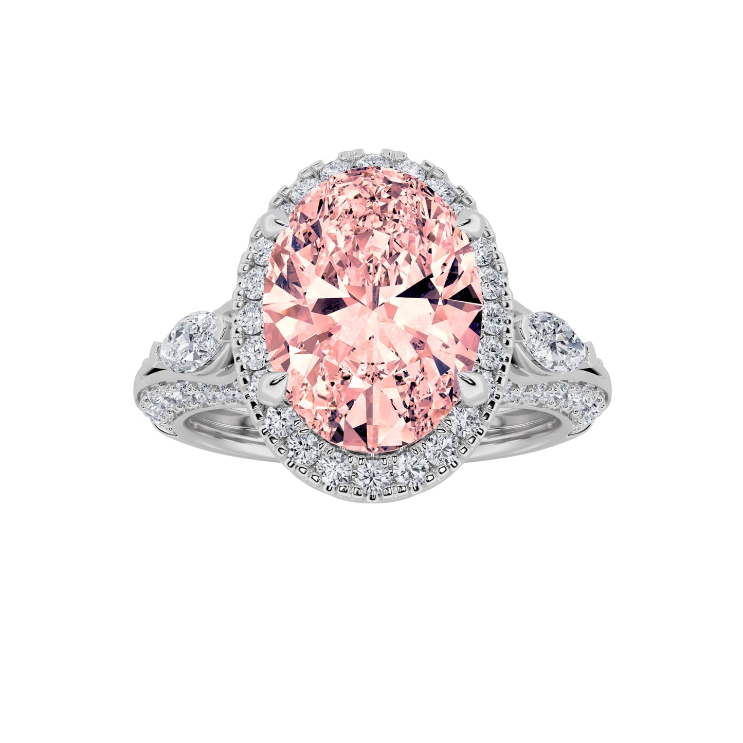 3Cttw Oval Shaped Pink Lab Grown Diamond (F/VS) Three Stone Halo Enagement Ring 14K Gold