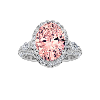 3Cttw Oval Shaped Pink Lab Grown Diamond (F/VS) Three Stone Halo Enagement Ring 14K Gold