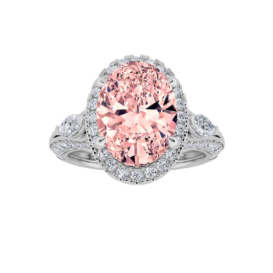 3Cttw Oval Shaped Pink Lab Grown Diamond (F/VS) Three Stone Halo Engagement Ring in 14K Gold