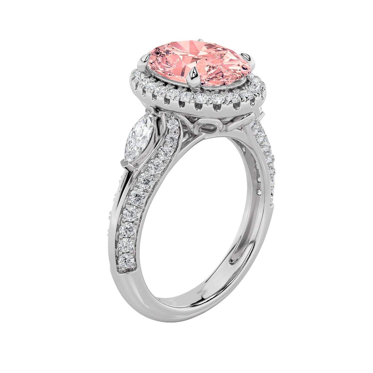 3Cttw Oval Shaped Pink Lab Grown Diamond (F/VS) Three Stone Halo Engagement Ring in 14K Gold