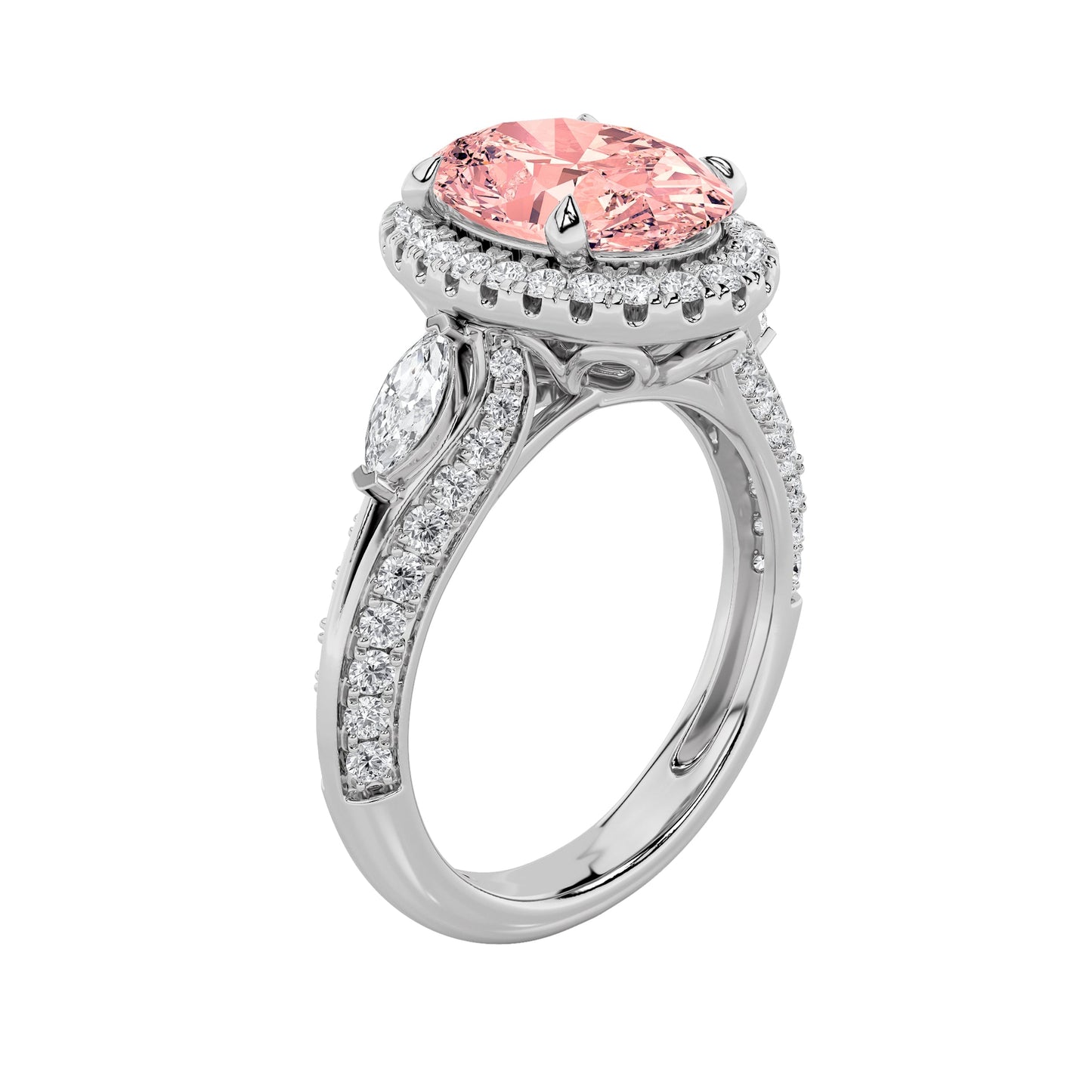 3Cttw Oval Shaped Pink Lab Grown Diamond (F/VS) Three Stone Halo Enagement Ring 14K Gold