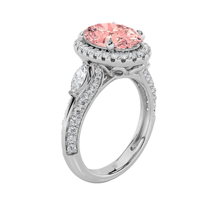 3Cttw Oval Shaped Pink Lab Grown Diamond (F/VS) Three Stone Halo Enagement Ring 14K Gold