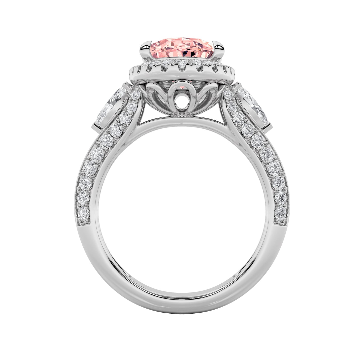 3Cttw Oval Shaped Pink Lab Grown Diamond (F/VS) Three Stone Halo Enagement Ring 14K Gold