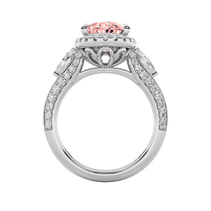 3Cttw Oval Shaped Pink Lab Grown Diamond (F/VS) Three Stone Halo Enagement Ring 14K Gold