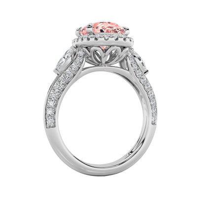 3Cttw Oval Shaped Pink Lab Grown Diamond (F/VS) Three Stone Halo Enagement Ring 14K Gold