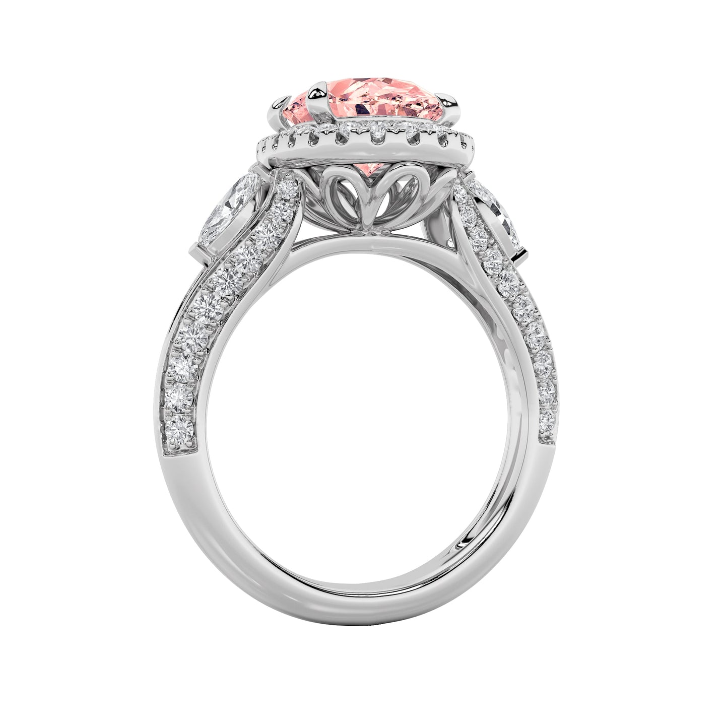 3Cttw Oval Shaped Pink Lab Grown Diamond (F/VS) Three Stone Halo Engagement Ring in 14K Gold