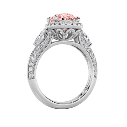 3Cttw Oval Shaped Pink Lab Grown Diamond (F/VS) Three Stone Halo Engagement Ring in 14K Gold