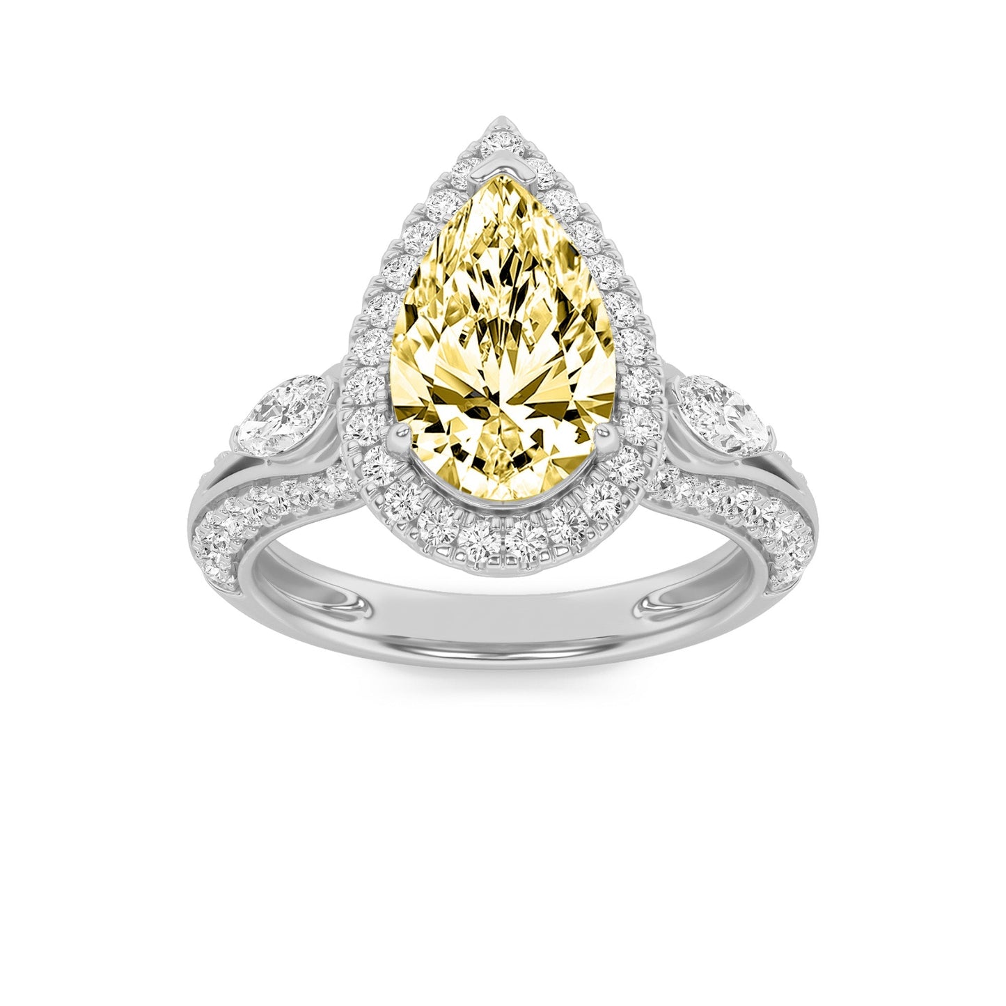 3Cttw Pear Shaped Yellow Lab Grown Diamond (F/VS) Three Stone Halo Enagement Ring 14K Gold