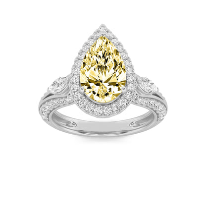 3Cttw Pear Shaped Yellow Lab Grown Diamond (F/VS) Three Stone Halo Enagement Ring 14K Gold