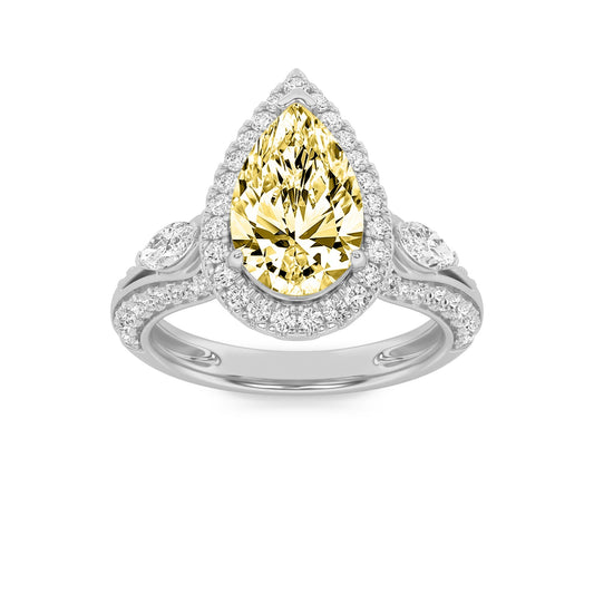 3Cttw Pear Shaped Yellow Lab Grown Diamond (F/VS) Three Stone Halo Enagement Ring 14K Gold