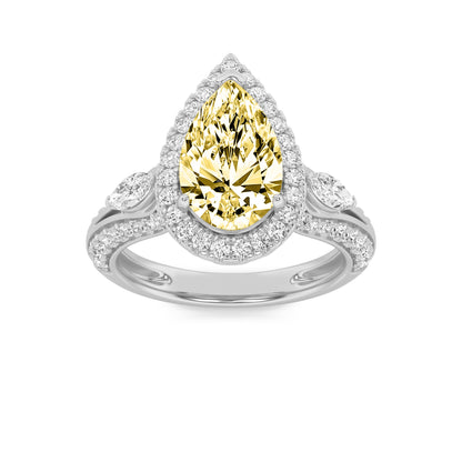 3Cttw Pear Shaped Yellow Lab Grown Diamond (F/VS) Three Stone Halo Enagement Ring in 14K Gold