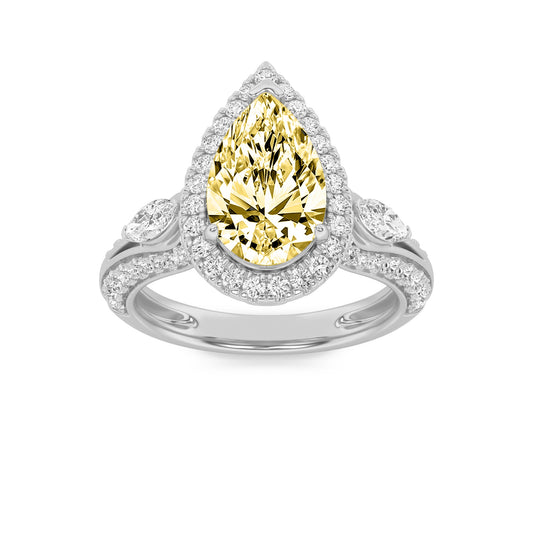 3Cttw Pear Shaped Yellow Lab Grown Diamond (F/VS) Three Stone Halo Enagement Ring in 14K Gold