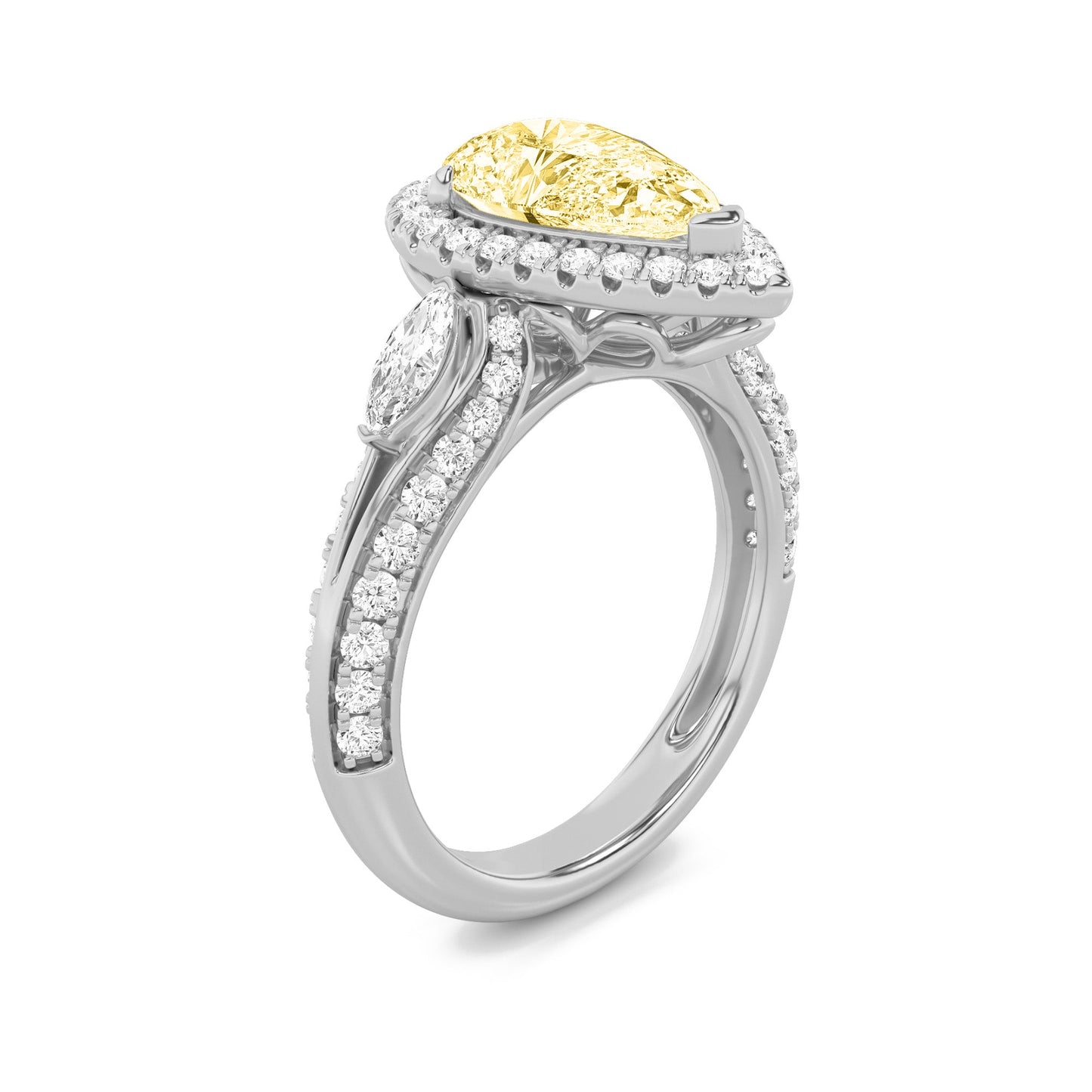 3Cttw Pear Shaped Yellow Lab Grown Diamond (F/VS) Three Stone Halo Enagement Ring in 14K Gold