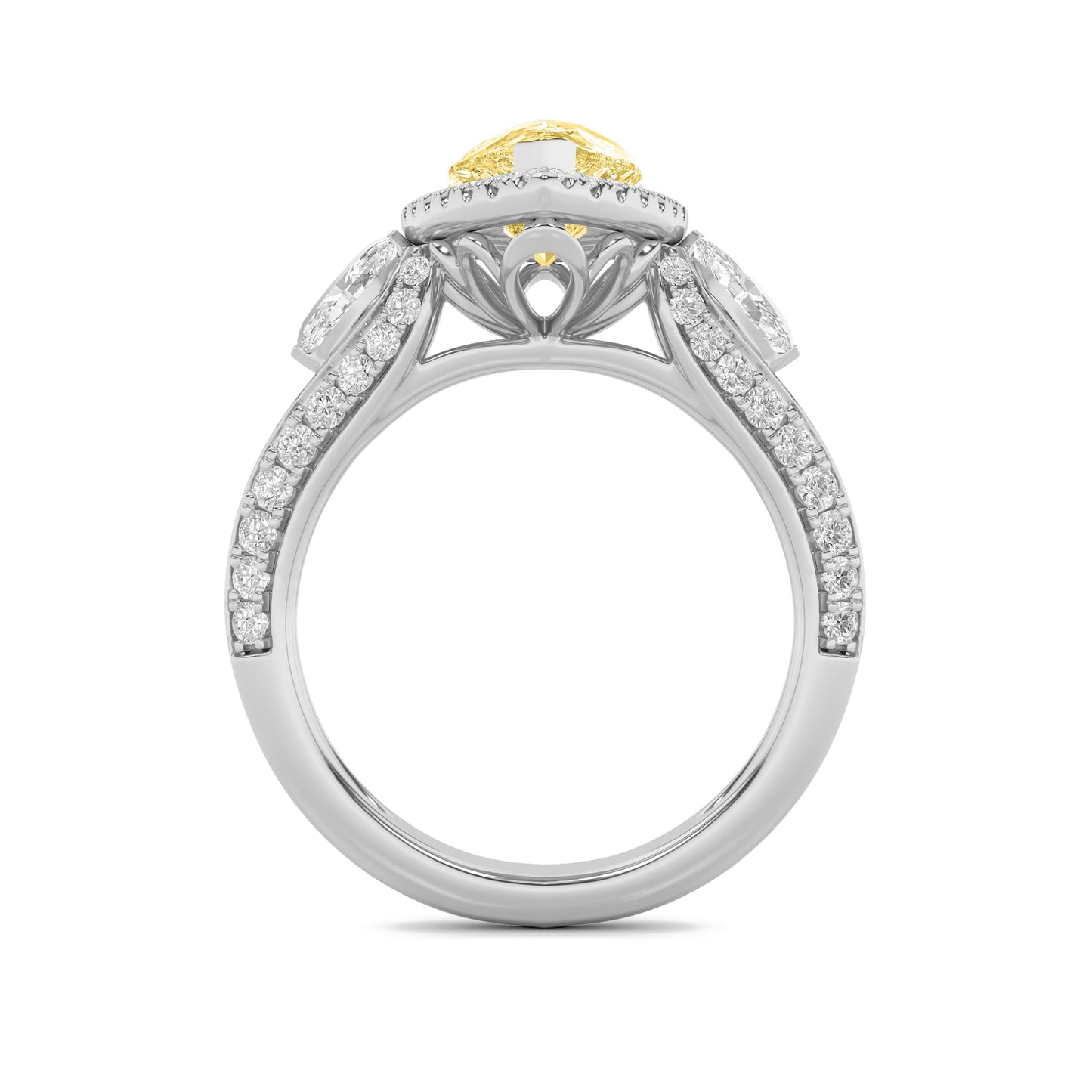 3Cttw Pear Shaped Yellow Lab Grown Diamond (F/VS) Three Stone Halo Enagement Ring in 14K Gold