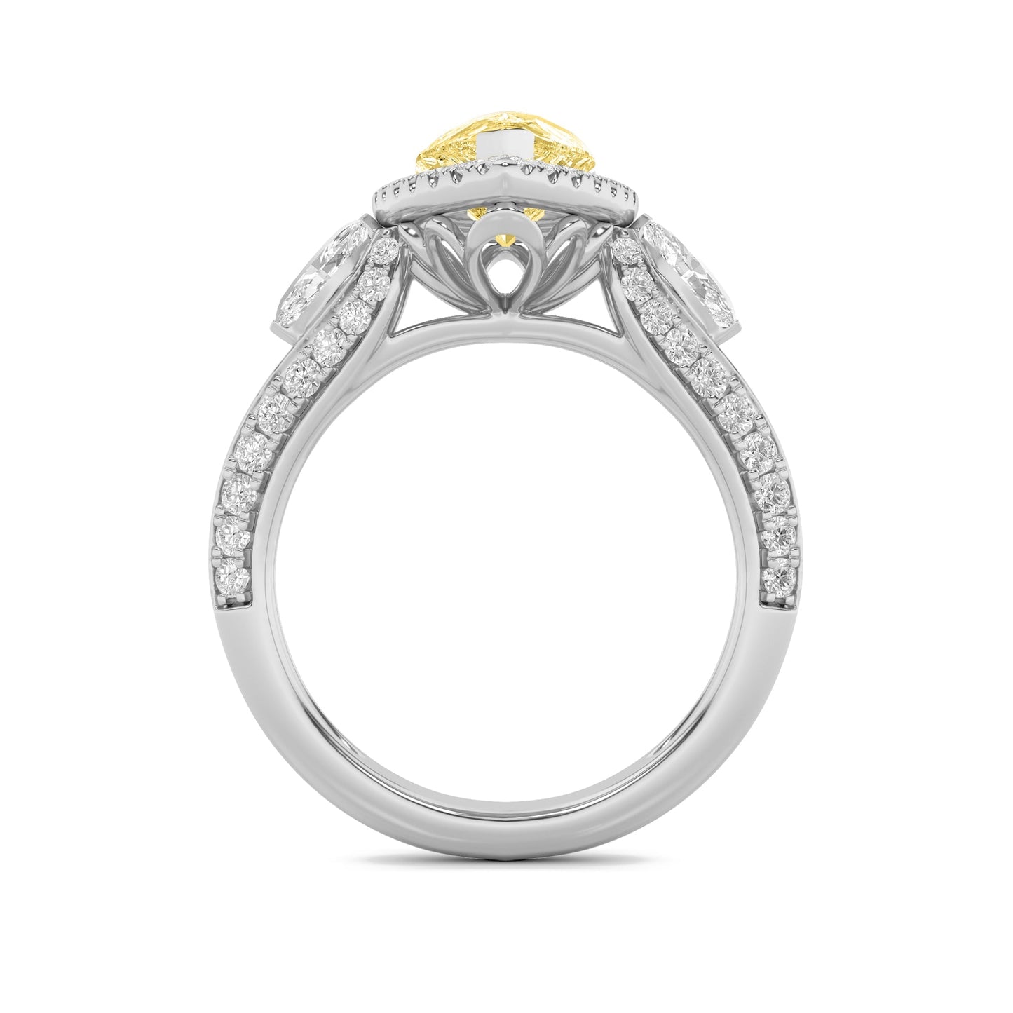 3Cttw Pear Shaped Yellow Lab Grown Diamond (F/VS) Three Stone Halo Enagement Ring 14K Gold