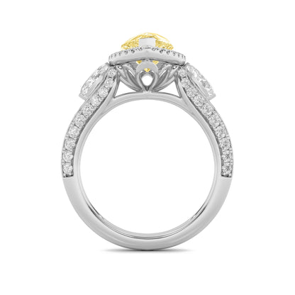 3Cttw Pear Shaped Yellow Lab Grown Diamond (F/VS) Three Stone Halo Enagement Ring 14K Gold