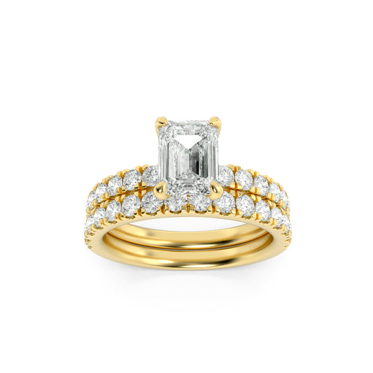 2Cttw Emerald Shaped Lab Grown Diamond (F/VS) Classic Accented  Set With Band and Engagement Ring in14K Gold