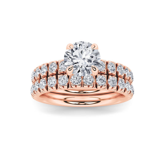 2Cttw Round Shaped Lab Grown Diamond (F/VS) Classic Accented Set With Band and Engagement Ring in 14K Gold