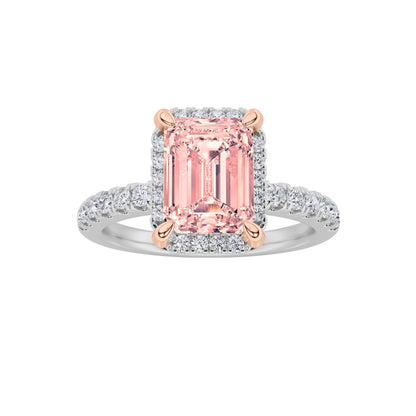 2Cttw Emerald Shaped Pink Lab Grown Diamond (F/VS) Halo Accented Engagement Ring 14K Gold