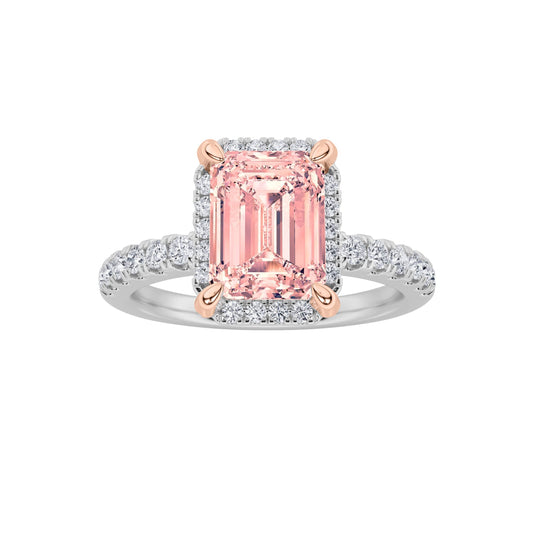 2Cttw Emerald Shaped Pink Lab Grown Diamond (F/VS) Halo Accented Engagement Ring in 14K Gold