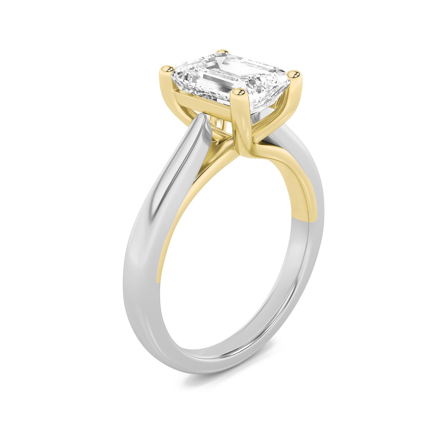 3Cttw Emerald Shaped Lab Grown Diamond (G/VS) Two-Tone Cathedral Shank Engagement Ring in 14K Gold