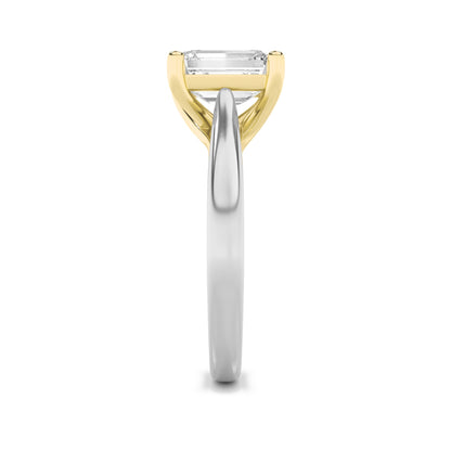 3Cttw Emerald Shaped Lab Grown Diamond (G/VS) Two-Tone Cathedral Shank Engagement Ring in 14K Gold