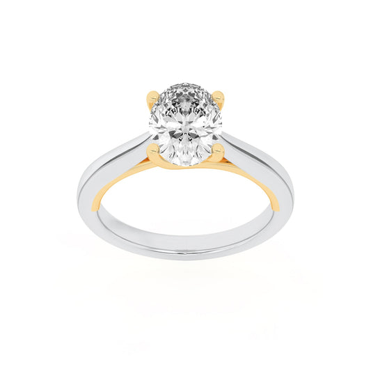 1Cttw Oval Shaped Lab Grown Diamond (F/VS) Two Tone Cathedral Shank Engagement Ring in 14K Gold