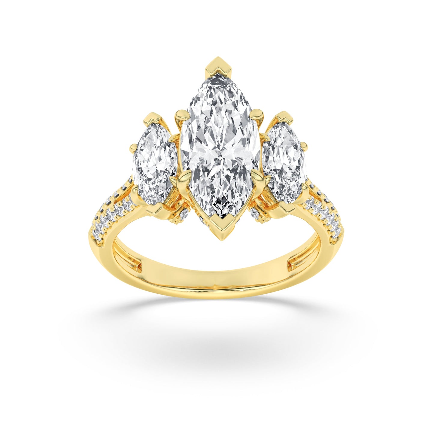 4Cttw Marquise Shaped Lab Grown Diamond (G/VS) Three Stone Accented Engagement Ring in 14K Gold