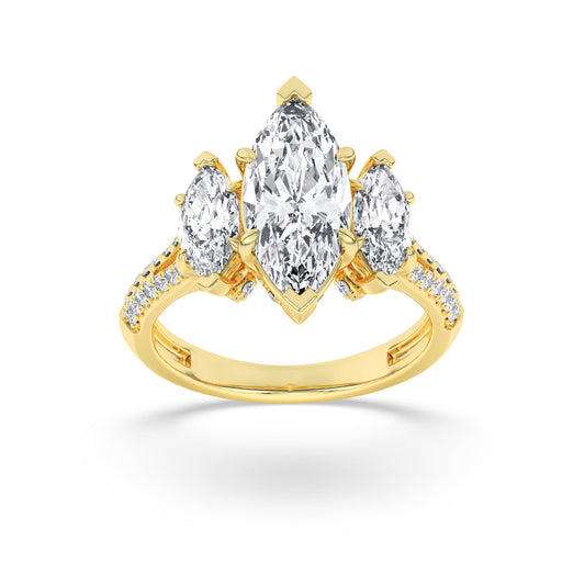 4Cttw Marquise Shaped Lab Grown Diamond (G/VS) Three Stone Accented Engagement Ring in 14K Gold