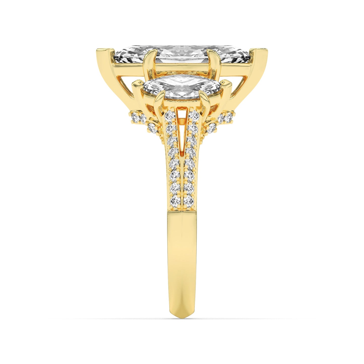 4Cttw Marquise Shaped Lab Grown Diamond (G/VS) Three Stone Accented Engagement Ring in 14K Gold
