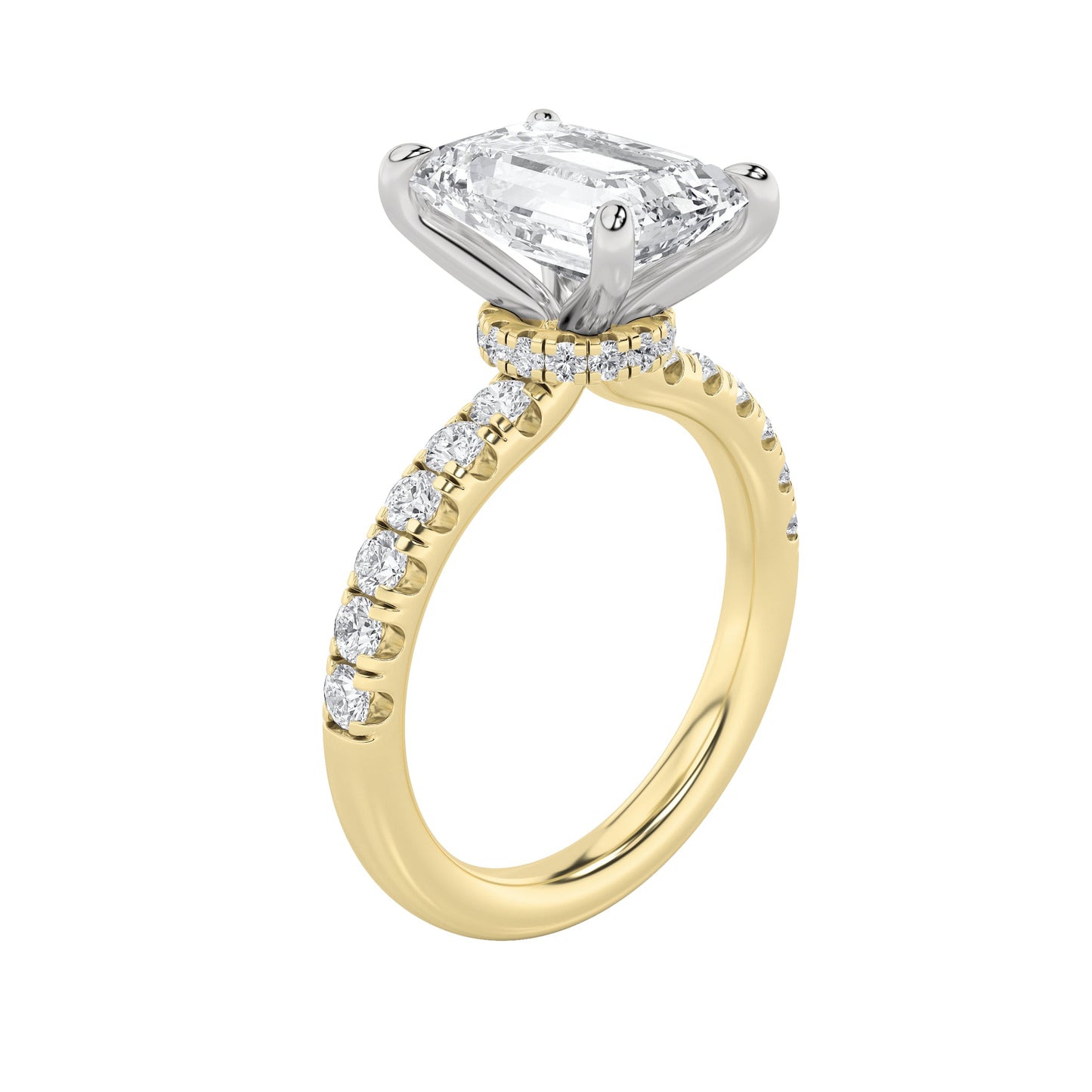 2 Ct Emerald (F/VVS) Lab Grown Diamond Prong 14K Yellow Gold Hidden Halo Accented Engagement Ring