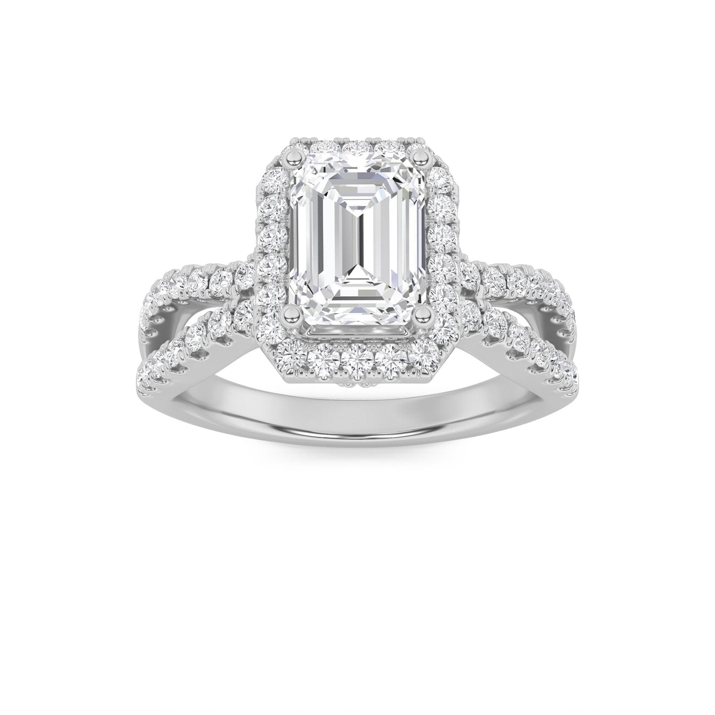 2Cttw Emerald Shaped Lab Grown Diamond (G/VS) Split Shank Halo Accented Engagement Ring in 14K Gold