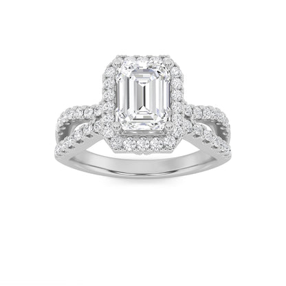 2Cttw Emerald Shaped Lab Grown Diamond (G/VS) Split Shank Halo Accented Engagement Ring in 14K Gold