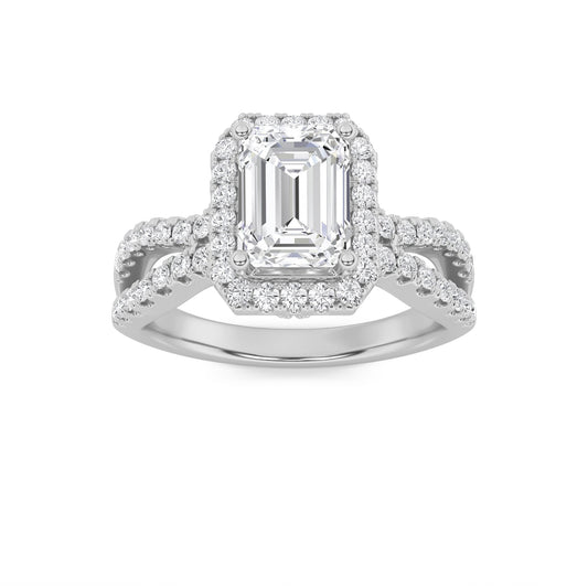 2Cttw Emerald Shaped Lab Grown Diamond (G/VS) Split Shank Halo Accented Engagement Ring in 14K Gold