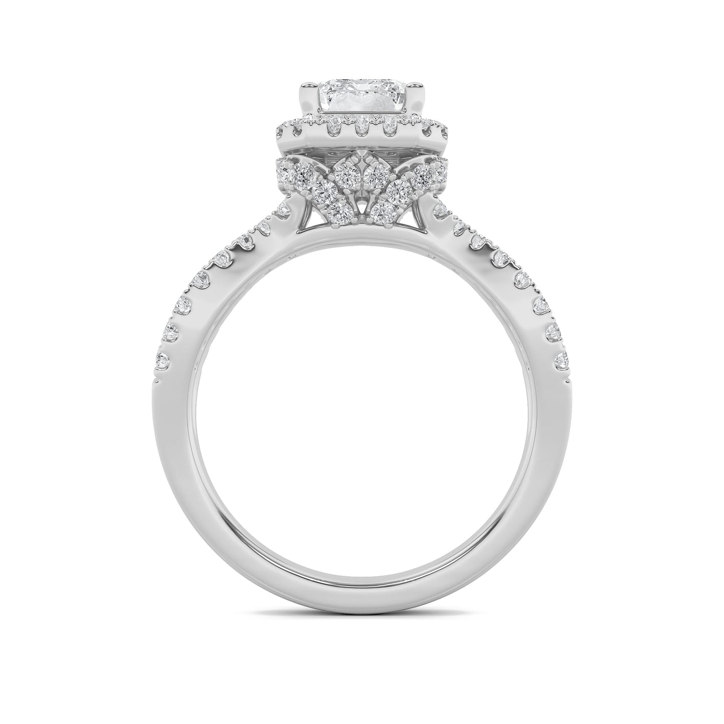 2Cttw Emerald Shaped Lab Grown Diamond (G/VS) Split Shank Halo Accented Engagement Ring in 14K Gold