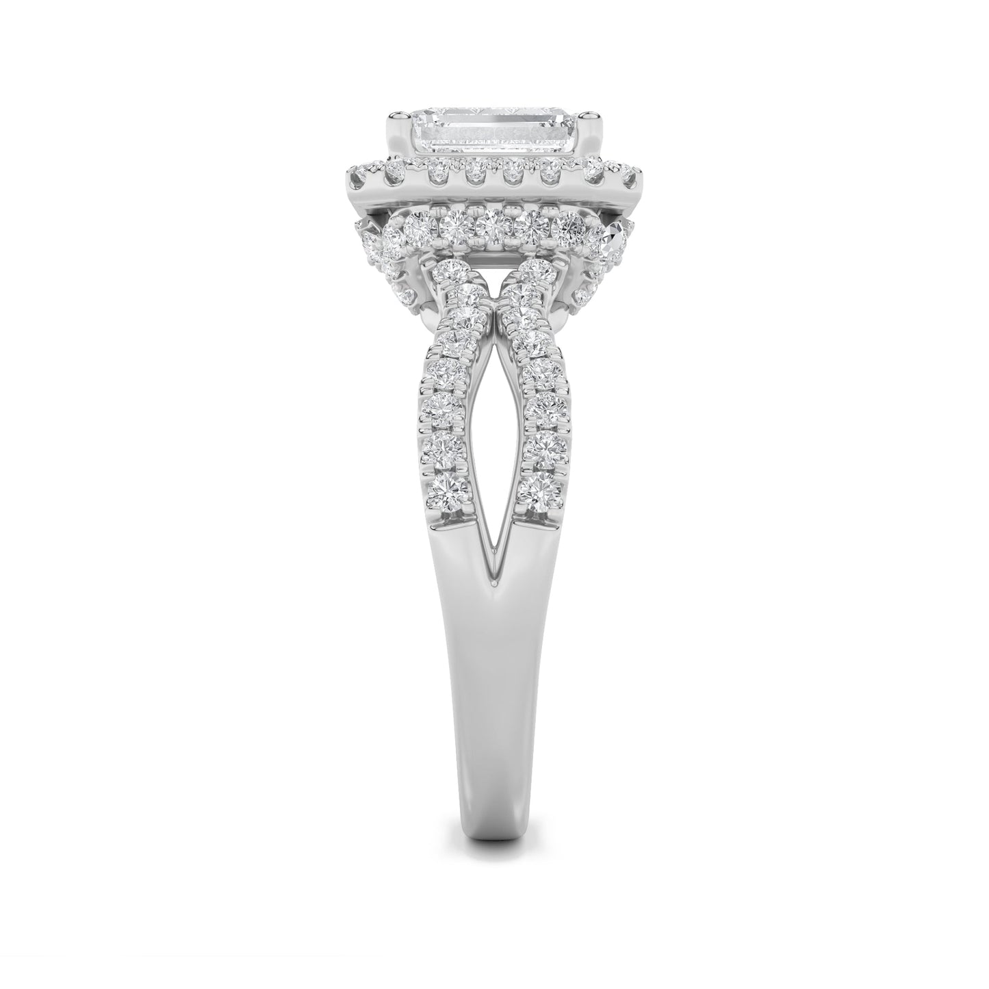 2Cttw Emerald Shaped Lab Grown Diamond (G/VS) Split Shank Halo Accented Engagement Ring in 14K Gold