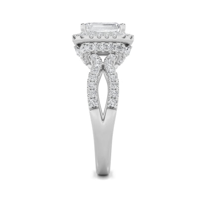 2Cttw Emerald Shaped Lab Grown Diamond (G/VS) Split Shank Halo Accented Engagement Ring in 14K Gold