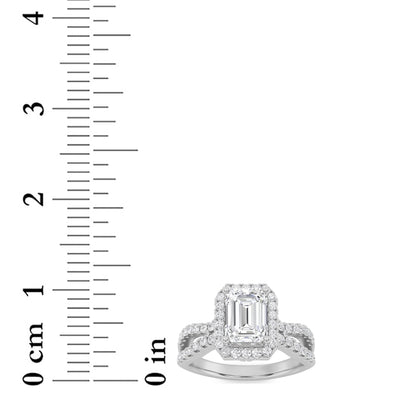 2Cttw Emerald Shaped Lab Grown Diamond (G/VS) Split Shank Halo Accented Engagement Ring in 14K Gold