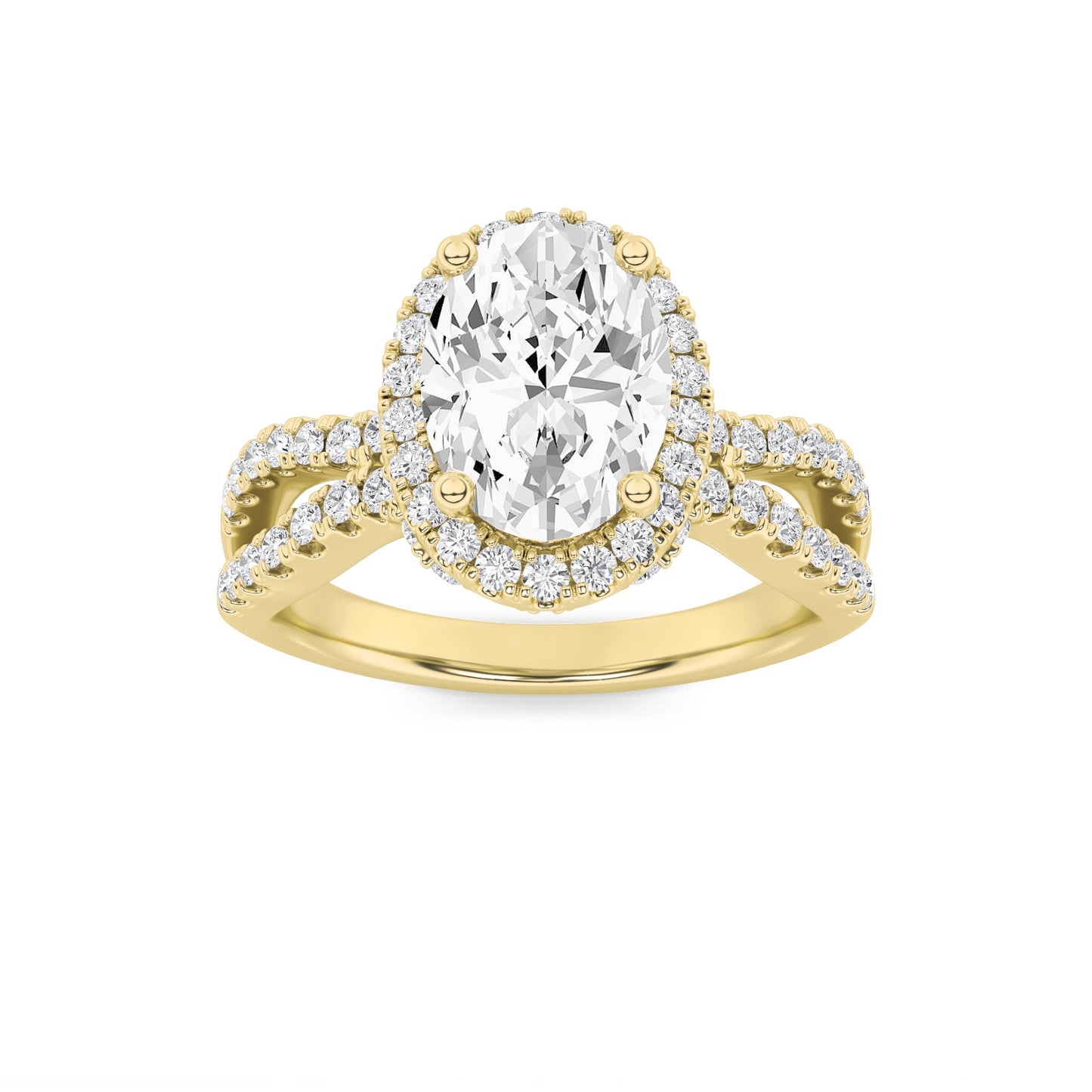 2Cttw Oval Shaped Lab Grown Diamond (F/VS) Split Shank Halo Accented Engagement Ring in 14K Gold